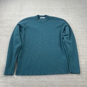 Uniqlo Premium Lambswool Sweater Mens L Green Ribbed Collar Casual Stretch